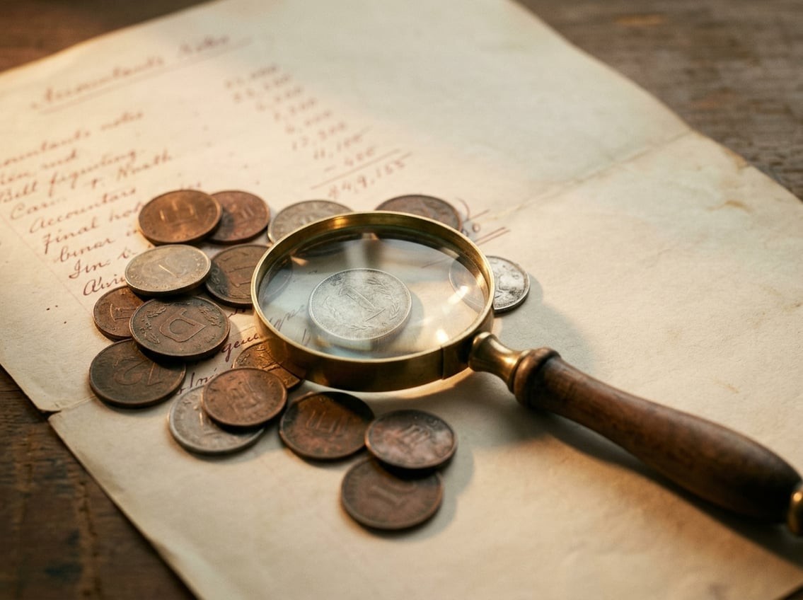 A close-up of aged coins on parchment beside a magnifying glass, warm oxblood-tinged light, the composition a considered study of small denominations rather than a promotional flourish