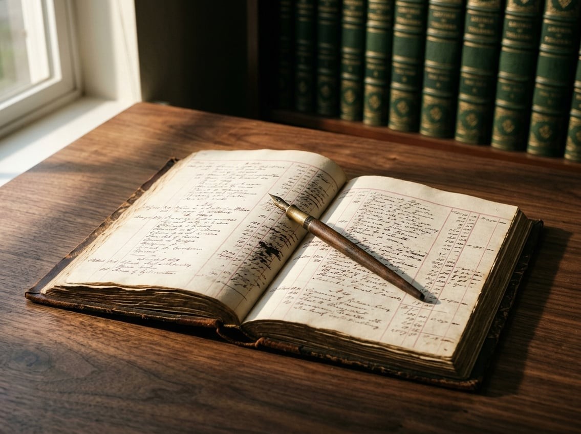 An open ledger book on a dark wooden desk, with a fountain pen resting across figures written in oxblood ink, the light warm and the composition editorial rather than promotional
