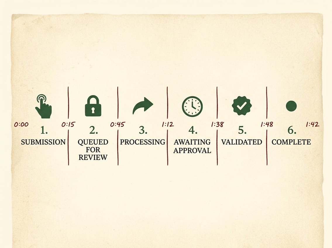 A stylised timeline diagram showing the six stages of a PayID pokies deposit rendered as ledger entries on parchment, with time markers in oxblood ink