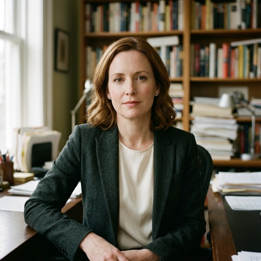 Portrait of Rebecca Whitmore, a woman in her mid-forties with shoulder-length auburn hair, wearing a dark blazer over a cream blouse, photographed with soft window light and a serious composed expression