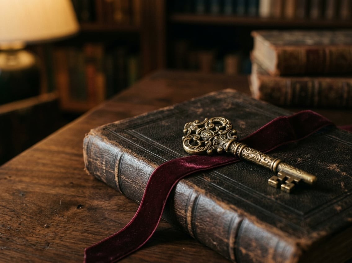 A brass key resting on top of a leather-bound ledger with a burgundy velvet ribbon, warm library light falling across the composition, mood of considered scrutiny rather than alarm