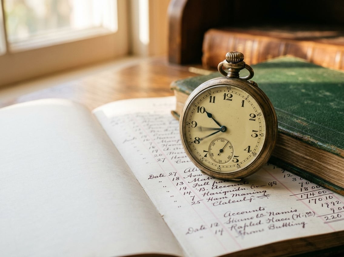 A stopwatch resting on an open ledger book, the second hand blurred in motion, warm afternoon light falling across handwritten payout entries in oxblood and forest ink