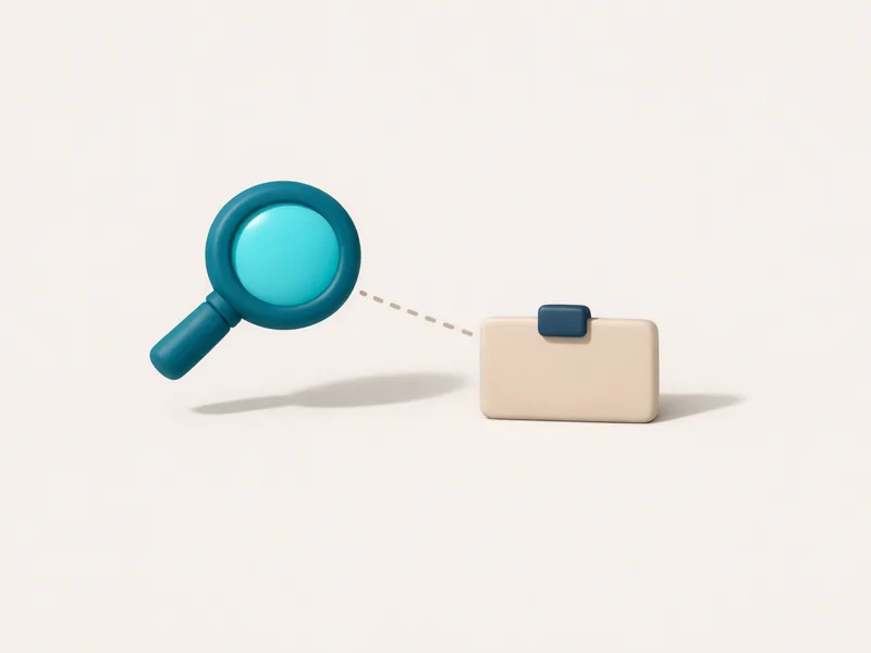 Matte 3D magnifying glass hovering over a blank name tag with a bright aqua checkmark, illustrating the name-matching AML rule on PayID withdrawals