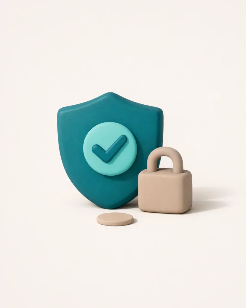 Matte 3D render of a padlock resting on a phone with an abstract security tick, illustrating PayID pokies casino safety verification in Australia.